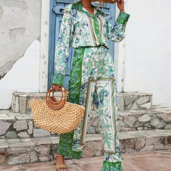 Coord set  Scarf Print Button Front Shirt & Wide Leg Pants - Picture 1 of 5
